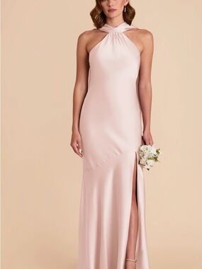 Elegant Blush Halter Gown - Sleeveless High-Slit Dress